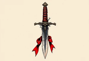A weathered steel dagger with a twisted obsidian blade, wrapped in aged leather at the hilt, and a single crimson ribbon tied beneath the guard, symbolizing vengeance and loyalty. tattoo idea