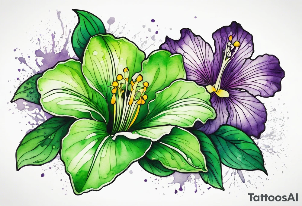 An outline of a green rio dipladenia flower and a green/purple watercolor splash in the background tattoo idea