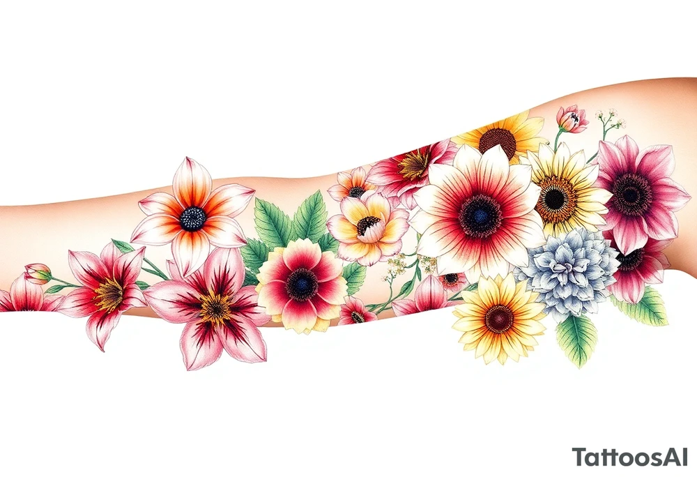6 pink vintage star gazer lillies some yellow some red wild roses and sunflowers and hydrangea tattoo idea
