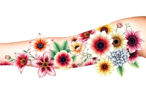 6 pink vintage star gazer lillies some yellow some red wild roses and sunflowers and hydrangea tattoo idea