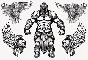 ultra-fine line linework vector of a gladiator with wings tattoo idea