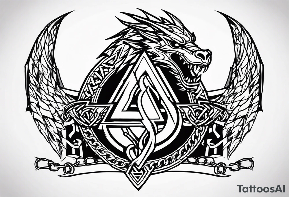 Valhalla sword shield dragon axe Valknut barbed wire chains fire tattoo idea Valhalla sword shield dragon axe Valknut barbed wire chains fire tattoo idea