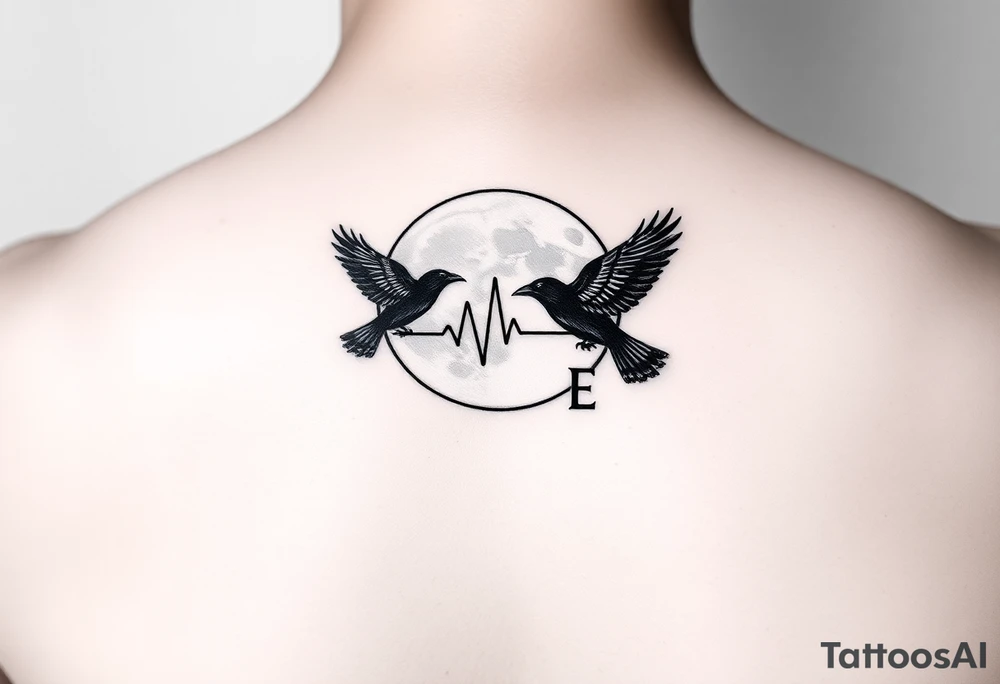 Create a minimalist tattoo design symbolizing the deep connection between a mother and daughter, featuring the initials L and E. Incorporate two crows flying around a full moon, connected by an ECG heartbeat line that represents their shared life energy. The design should feel mystical, balanced, and emotionally meaningful.” initials L and E but smal and simplistic tattoo idea