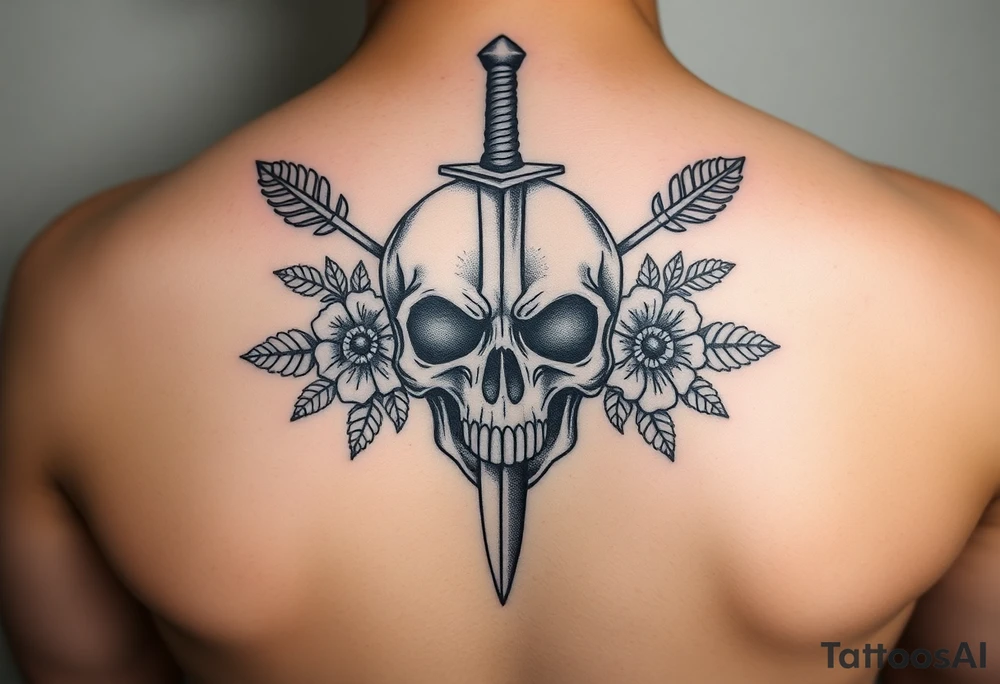 For the arm. High resolution. Realistic skull with dagger through the top of it. Surrounds by arrows, flowers and leaves. Symmetrical tattoo idea