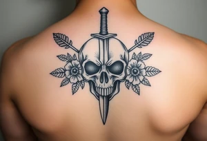 For the arm. High resolution. Realistic skull with dagger through the top of it. Surrounds by arrows, flowers and leaves. Symmetrical tattoo idea