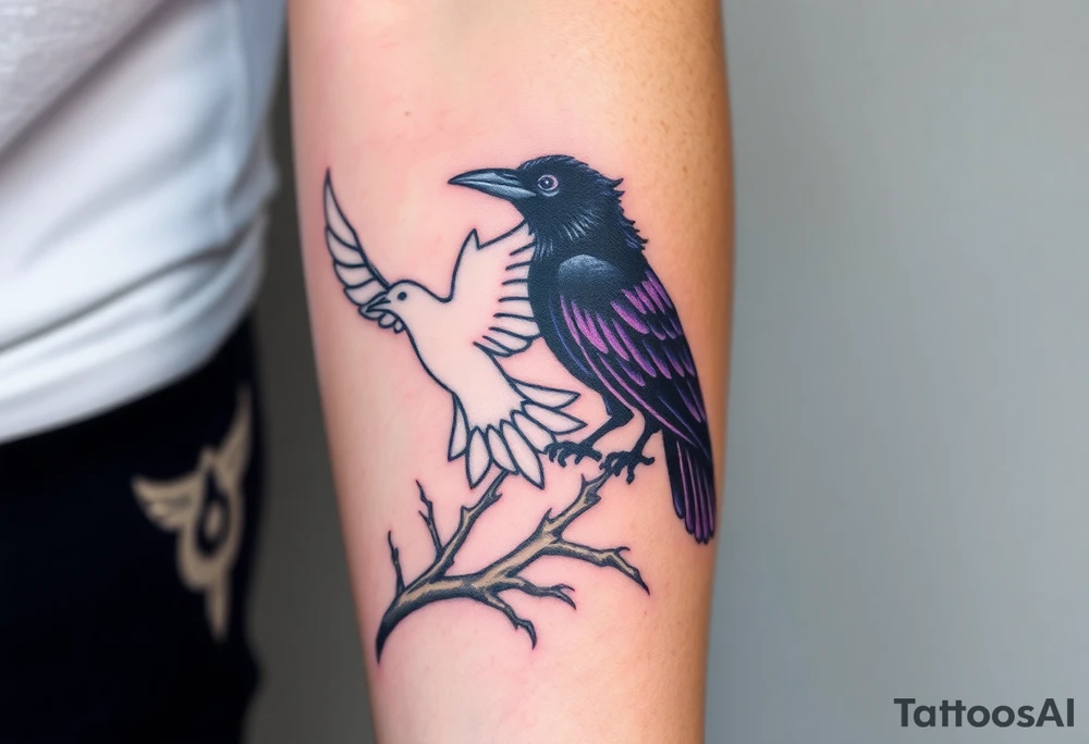 A pure white dove, soaring with soft golden light in its wings, is sharply contrasted with a black raven, its feathers shimmering in deep purples and blacks, perched ominously on a gnarled branch, symbolizing the tension between peace and darkness. tattoo idea