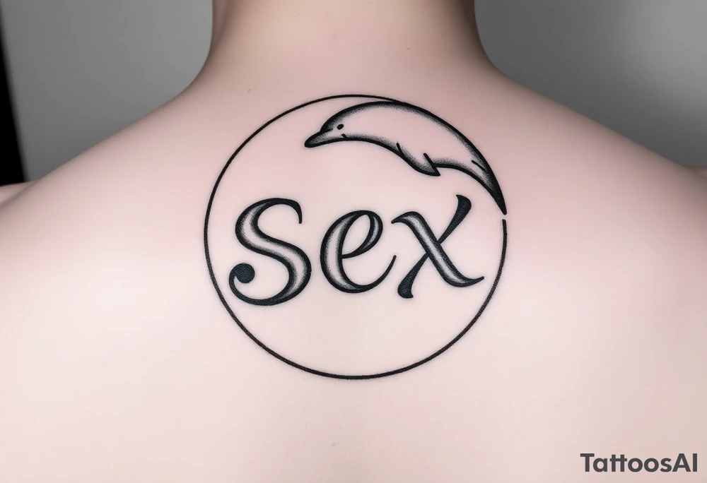 The word dolphin and the word sex written in cartoon writing in the shape of a circle tattoo idea