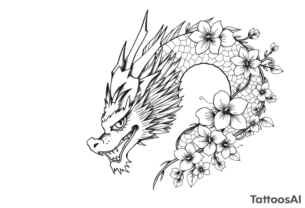 Feminine dragon w cherry blossoms tattoo idea