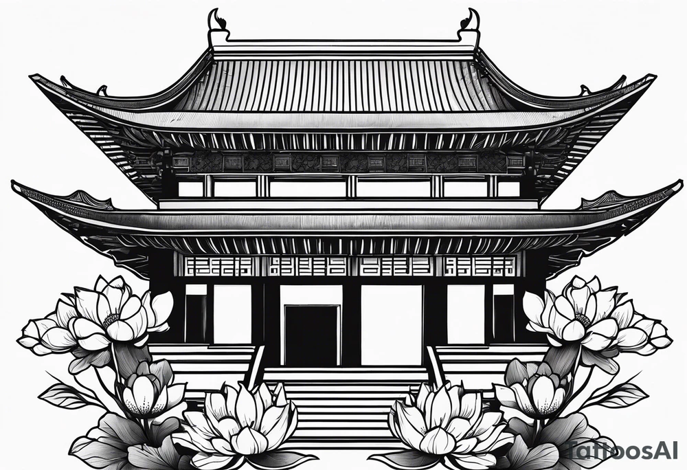 Cherry blossom, china building and lotus flower tattoo idea