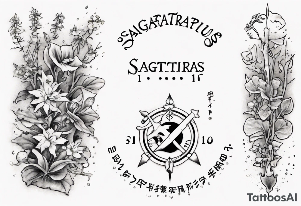a forearm tattoo with little plants around the word sagittarius and underneath it the date 12.08.05 tattoo idea