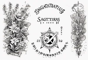 a forearm tattoo with little plants around the word sagittarius and underneath it the date 12.08.05 tattoo idea