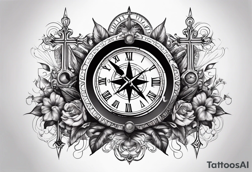 Latin cross with clock on top of it and compass under tattoo idea