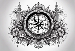 Latin cross with clock on top of it and  compass under tattoo idea