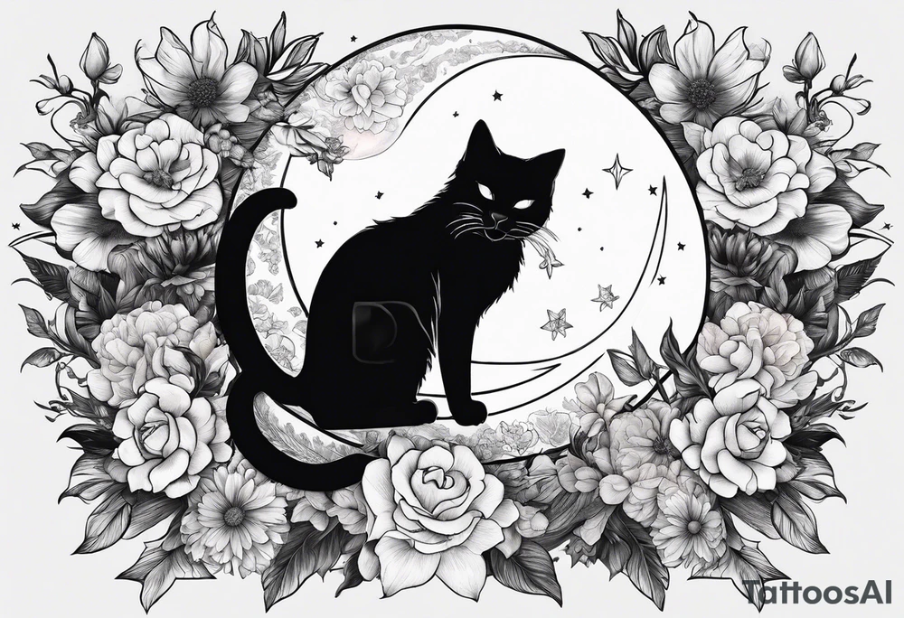 Crescent moon made out of flowers with the head of a photo realistic black cat facing forward and sailor Moon vibes tattoo idea