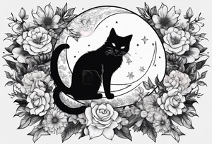 Crescent moon made out of flowers with the head of a photo realistic black cat facing forward and sailor Moon vibes tattoo idea