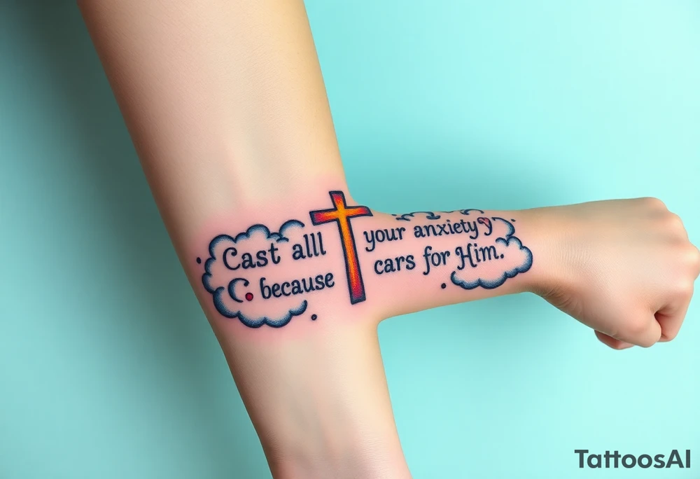 cast all your anxiety on him because he cares for you"  surrounded with clouds and cross big horizontal tattoo idea