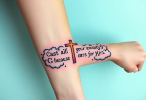 cast all your anxiety on him because he cares for you"  surrounded with clouds and cross big horizontal tattoo idea