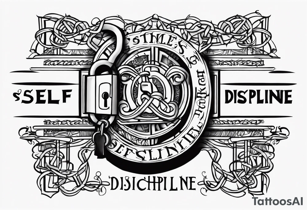 Tattoo of the word 'Self discipline' tied on both ends with metal chains and connected in the middle with a lock tattoo idea