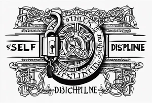 Tattoo of the word 'Self discipline' tied on both ends with metal chains and connected in the middle with a lock tattoo idea