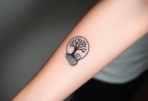 Tree inside of sun, spiral circle roots. A spiral line moving to the right tattoo idea