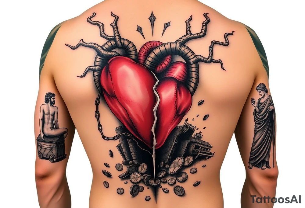 Design a full back tattoo that represents the struggles of betrayal, financial loss, relationship breakup, loss of job, loss of self, and death of a loved one, inspired by Greek mythology and art. The tattoo should be reminiscent of a Greek painting, particularly illustrating the trials of Hercules. Each struggle should be depicted as a symbolic labor, with each one portrayed as a scene on the back. For example:

Betrayal: A scene of a broken, jagged heart surrounded by shadows, with a figure turned away in mistrust.
Financial Loss: A treasure chest overturned, with coins spilling out, and a figure kneeling in despair.
Relationship Breakup: Two intertwined figures tearing apart, with one side showing broken chains or a shattered heart.
Loss of Job: A man in tattered clothing, walking away from a ruined, burning building.
Loss of Self: A figure looking at their shattered reflection in a broken mirror, symbolizing identity lost.
Death of a Loved One: A scene of a person in mourning, standing by a grave, with a winged figure representing the spirit of the deceased.
Ensure the design has an ancient, classical Greek aesthetic, with detailed lines, natural poses, and a narrative flow, similar to the style of ancient Greek pottery or frescoes." tattoo idea
