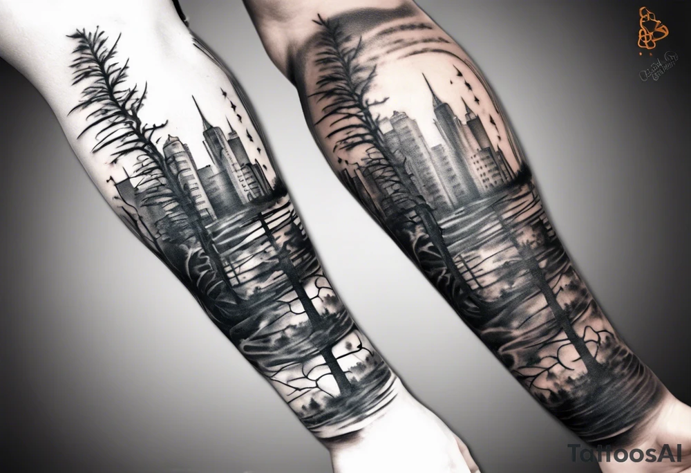 full arm sleeve tattoo a tree that looks like a DNA strand with a city skyline tattoo idea