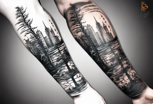 full arm sleeve tattoo a tree that looks like a DNA strand with a city skyline tattoo idea