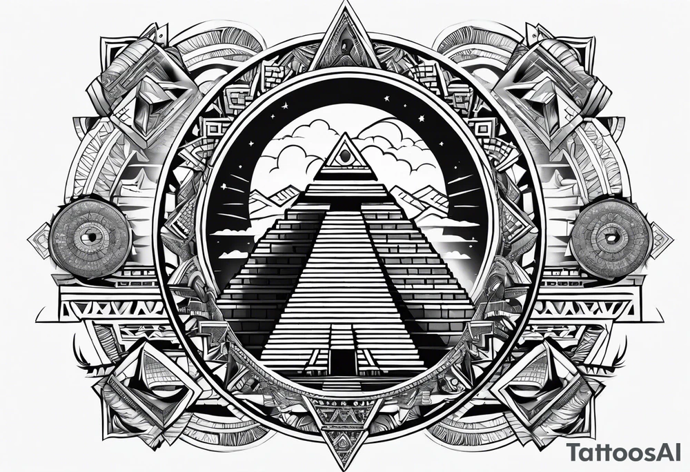 Aztec princess, pyramid solar eclipse ollin symbol tattoo idea