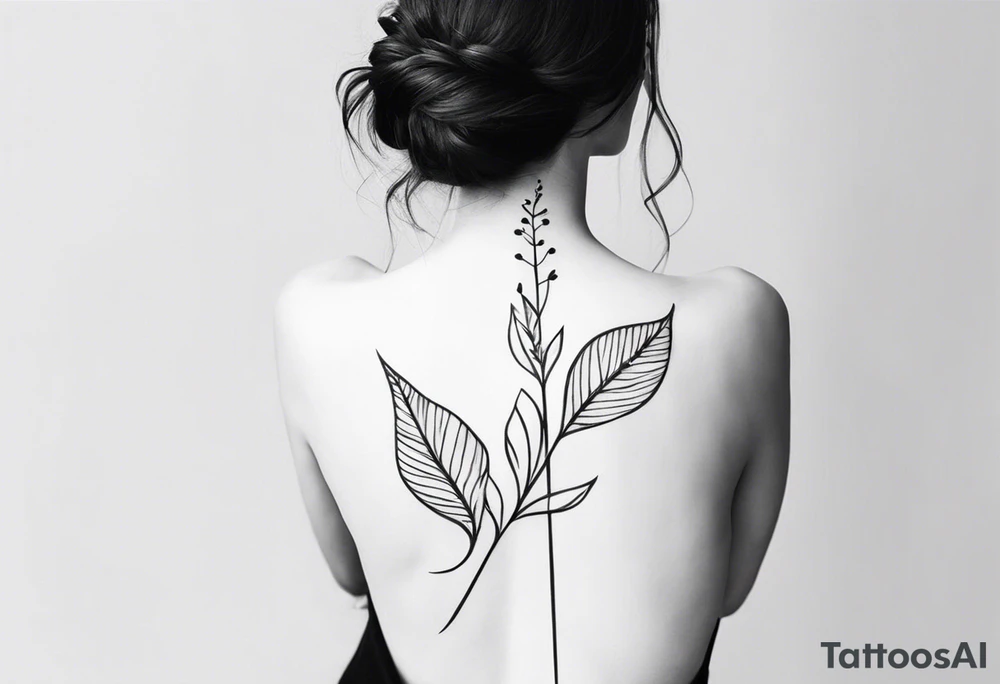 create an elegant spine tattoo for women. make it simple but beautiful. include themes of flowers, leaves, lines, words, etc. make it THIN tattoo idea