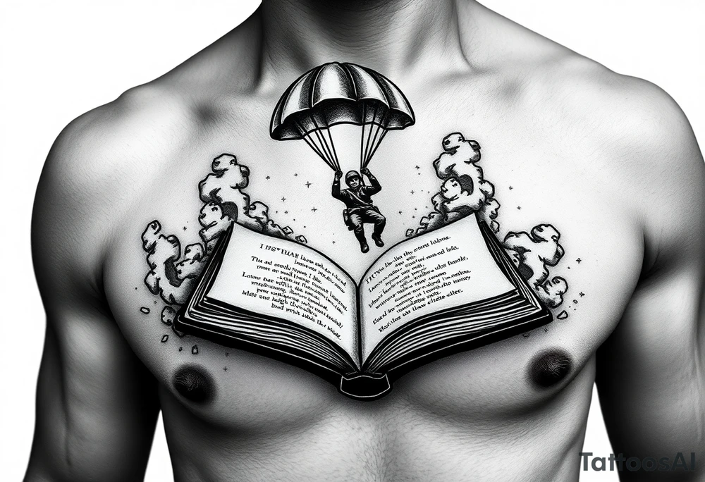 A parachuting soldier landing into an open book. Chaos surrounding, but a sense of security inside the book. On the chest. book contains a quote. Make it smaller tattoo idea