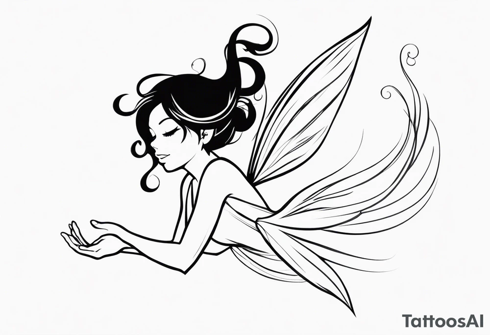 Minimalistic, monochromatic fairy with a tail flying to the left in a fetal position, leaning and looking in the same direction, with visible hands, embodying the 'Fairy Tail' logo aesthetic. tattoo idea