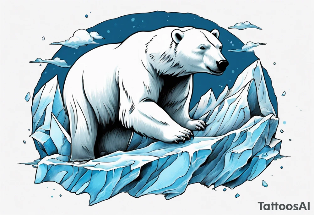 arm tattoo of polar bear and ice berg and relevant nature make colors primary black and white with a little blue tattoo idea