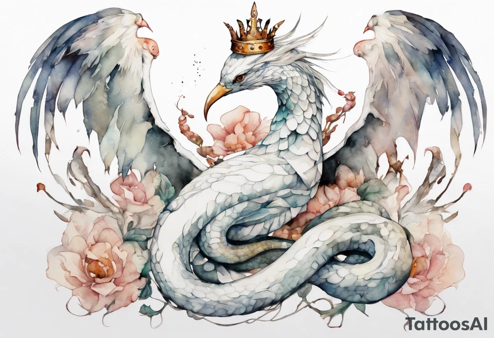 a white bird-serpent hybrid, wearing an iron crown on her head tattoo idea