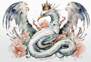 a white bird-serpent hybrid, wearing an iron crown on her head tattoo idea