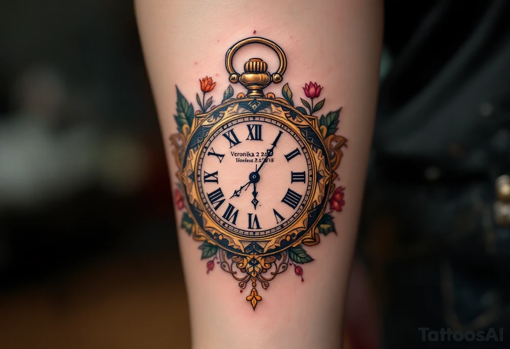 Ornate pocket watch tattoo showing 13:37 and bigger letters "Veronika – 2.9.2016" in warm sepia tones. tattoo idea