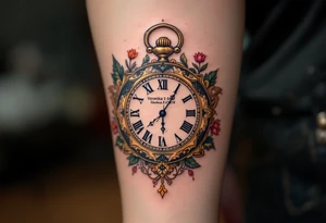 Ornate pocket watch tattoo showing 13:37 and bigger letters "Veronika – 2.9.2016" in warm sepia tones. tattoo idea