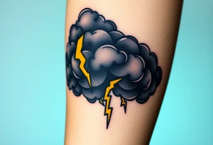 Black dark menacing storm clouds with eerie yellow lightning bolts tattoo idea
