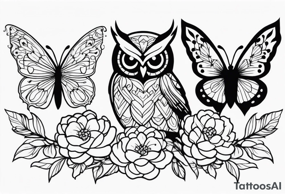 Flowers with butterflies and a owl tattoo idea
