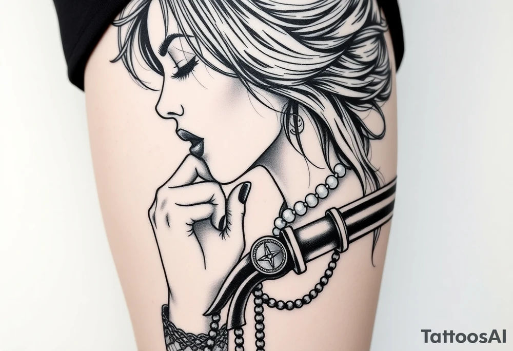 Profile of sexy woman with messy hair 
,resting chin on fist 
, mouth open  , lace, lipstick,  pearls 
compass and gun hand with rosary wrapped around hand tattoo idea