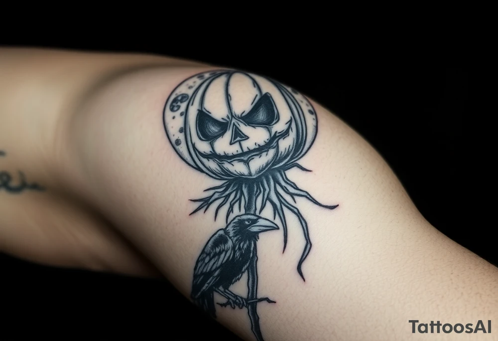 realistic sentinel pumpkin head scarecrow. drawn raven at the base of the scarecrow. full moon in the background tattoo idea