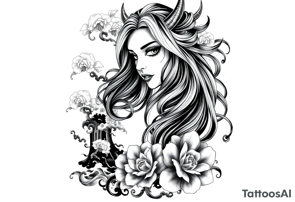 Full sleeve Japanese-inspired tattoo design featuring a beautiful female oni (demon woman) with an elegant, mysterious expression, one hand partially covering her face, long flowing hair integrated into swirling wind and wave patterns, large detailed chrysanthemums and peonies woven through the composition, dynamic negative space with bold black fills and smooth gradients, traditional Japanese cloud and water motifs, high-contrast black and grey with soft shading and sharp linework, balanced composition wrapping around the arm, modern neo-Japanese illustrative style.

– High contrast black and grey
– Neo-Japanese tattoo
– Traditional Japanese motifs
– Sleeve layout design
– Chrysanthemums, peonies, wind bars, waves
– Female oni portrait tattoo idea