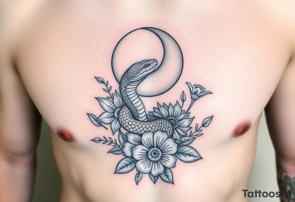 A snake slithering in different flowers with a quarter moon in the background tattoo idea