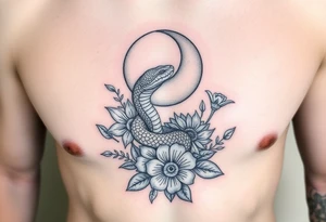 A snake slithering in different flowers with a quarter moon in the background tattoo idea