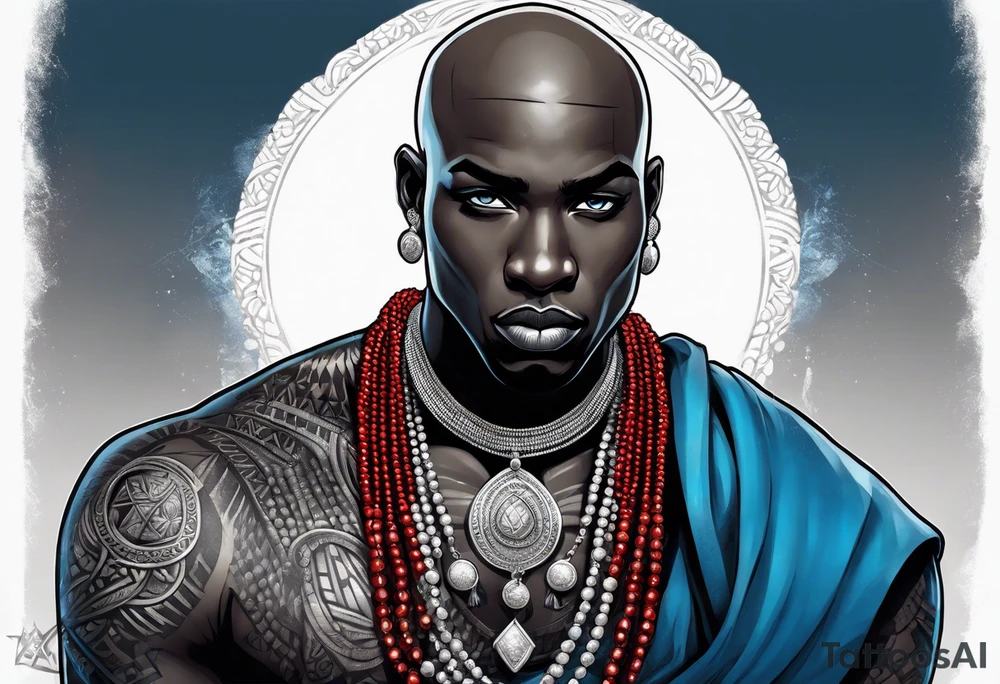 Black-skinned bald african warrior. He has a silver crown. He wears two simple necklaces: one blue, other red. Looking front tattoo idea