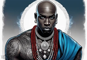 Black-skinned bald african warrior. He has a silver crown. He wears two simple necklaces: one blue, other red. Looking front tattoo idea