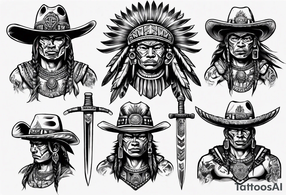 Aztec warrior with cowboy hat holding a sword tattoo idea Aztec warrior with cowboy hat holding a sword tattoo idea