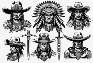 Aztec warrior with cowboy hat holding a sword tattoo idea