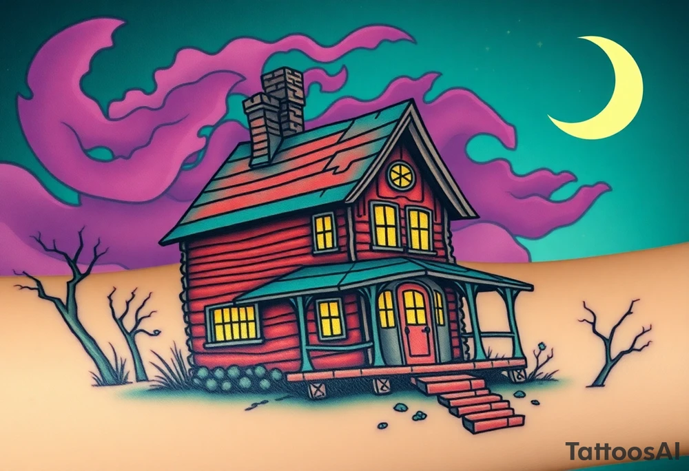 Tim Burton’s haunted pastel wood cabin home is abandoned and dripping with muted reds, dusty pinks, and eerie green glow.purple and cyan smokey clouds swirl in the crescent moonlit sky thats sprinkled with stars tattoo idea tattoo idea