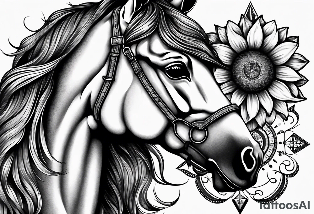 Horse, compass, sunflower tattoo idea