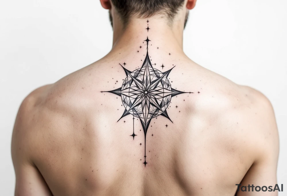 Sagittarius star constellation tattoo in muted grays and whites, placed along the spine. tattoo idea